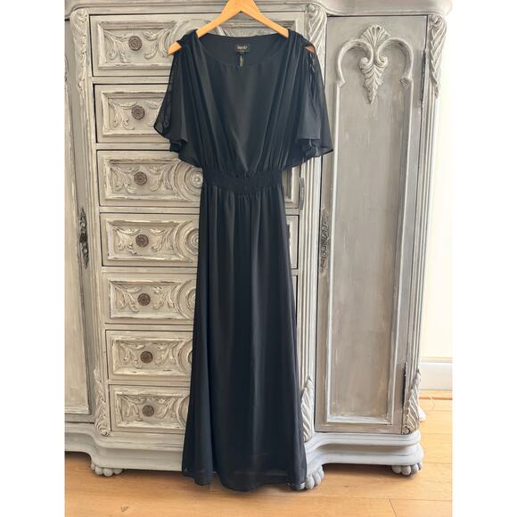 NWT Laundry Flowy Scoop Neck Flutter Sleeve Smock Waist Black Maxi Dress Sz 6 - Picture 1 of 7
